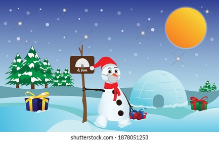 Ilustración gráfica vectorial de un muñeco de nieve de pie con regalos en el paisaje de la nieve. Ajustar al lugar en el diseño de fondo, como tarjeta de regalo, tarjeta de saludo, encabezado del sitio web, etc