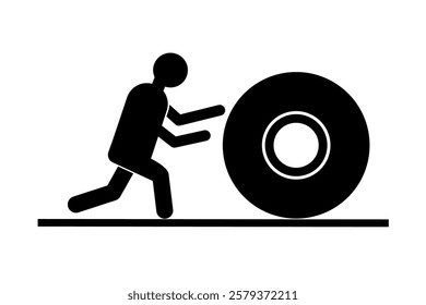 Vector graphic illustration of stick figure icon pushing a big tire in simple monochrome design, symbolizing effort, strength and determination in facing challenges and achieving goals.