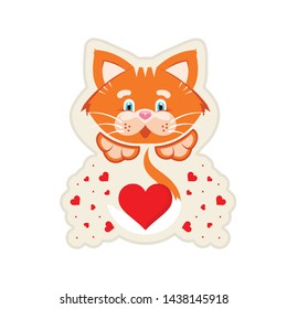 Vector graphic illustration. Sticker. Orange cat holding a big red heart in the tail. Sign of love and friendship. Cartoon character, concept for printing products for pets.
