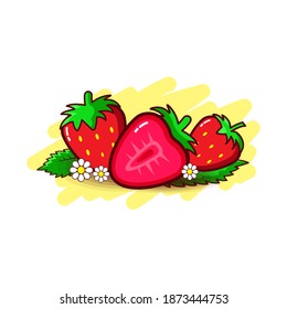 Vector graphic illustration of Strawberry fruit with cute style and yellow splash