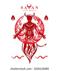 Vector graphic illustration of strong horned wicked male, body silhouette surrounded by a fireball. Demonic infernal creature, Baphomet.