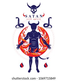 Vector graphic illustration of strong horned wicked male, body silhouette surrounded by a fireball. Demonic infernal creature, Baphomet.