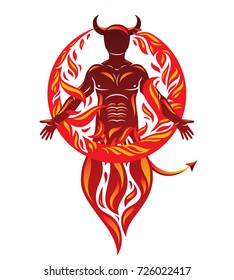 Vector graphic illustration of strong horned wicked male, body silhouette surrounded by a fireball. Demonic infernal creature, Satan.