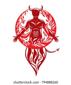 Vector graphic illustration of strong horned wicked male, body silhouette surrounded by a fireball. Demonic infernal creature, Satan.
