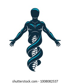 Vector graphic illustration of strong male made as DNA symbol continuation. Bioengineering as the direction of genetics.