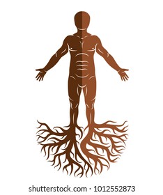 Vector graphic illustration of strong male, body silhouette standing on white background and made using tree roots. Tree of life metaphor, family roots.