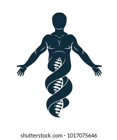 Vector graphic illustration of strong male made as DNA symbol continuation. Bioengineering as the direction of genetics.