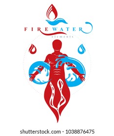 Vector graphic illustration of strong male, fireman composed with eternity symbol made with water splash, environment conservation metaphor.