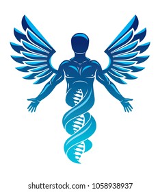 Vector graphic illustration of strong male made as DNA strands continuation and created with bird wings. Human as the object of biochemistry research.