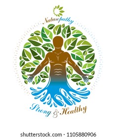 Vector graphic illustration of strong male, body silhouette standing. Creative metaphor of harmony between human and nature powers like water and tree.