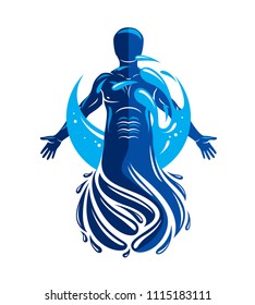 Vector graphic illustration of strong male, body silhouette surrounded by a water ball. Living in harmony with nature. 
