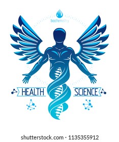 Vector graphic illustration of strong male depicted as DNA symbol continuation and created with wireframe connections and bird wings. Biomedical engineering concept.