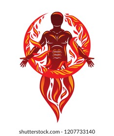 Vector graphic illustration of strong male, body silhouette standing. Fire person as bunch of the powerful energy covered with a fireball.