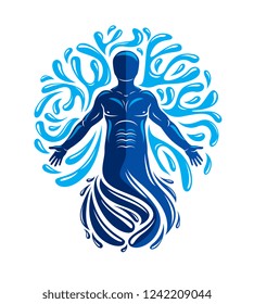 Vector graphic illustration of strong male, body silhouette surrounded by a water ball. Living in harmony with nature. 
