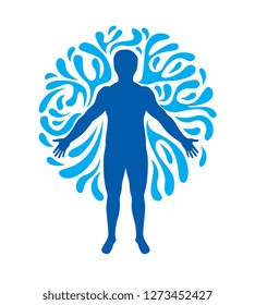 Vector graphic illustration of strong male, body silhouette surrounded by a water ball. Living in harmony with nature. 
