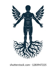 Vector graphic illustration of strong male, body silhouette standing on white background and made using tree roots and bird wings. Tree of life metaphor, family roots.