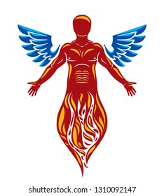 Vector graphic illustration of strong male, body silhouette created with bird wings. Reborn from flame idea.