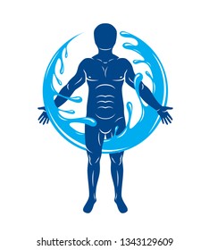 Vector graphic illustration of strong male, body silhouette surrounded by a water ball. Living in harmony with nature. 