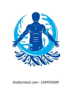 Vector graphic illustration of strong male, body silhouette surrounded by a water ball. Living in harmony with nature. 