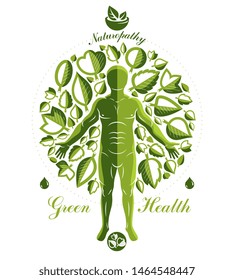 Vector graphic illustration of strong male composed with green tree leaves and mortar and pestle. Raw food diet concept, no gm theme.