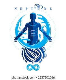 Vector graphic illustration of strong male, body silhouette surrounded by a water ball. Living in harmony with nature. 