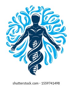 Vector graphic illustration of strong male created as scientific model of human DNA and surrounded by a water ball. Environment conservation and protection.