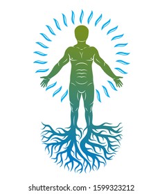 Vector graphic illustration of strong male, body silhouette deriving from water and composed with tree roots. International world water day.