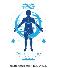 Vector graphic illustration of strong male, body silhouette surrounded by a water ball. Living in harmony with nature. 