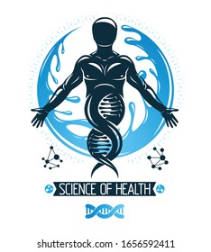 Vector graphic illustration of strong male created as scientific model of human DNA and surrounded by a water ball. Environment conservation and protection.