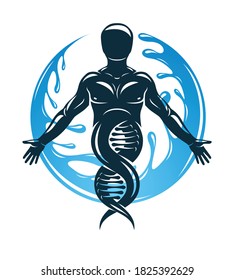 Vector graphic illustration of strong male created as scientific model of human DNA and surrounded by a water ball. Eco friendly technology, technology and nature interaction.