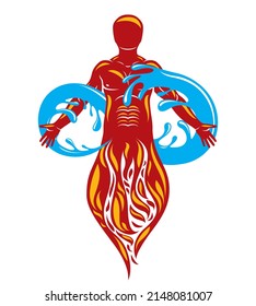 Vector graphic illustration of strong male, fireman composed with eternity symbol made with water splash, environment conservation metaphor.