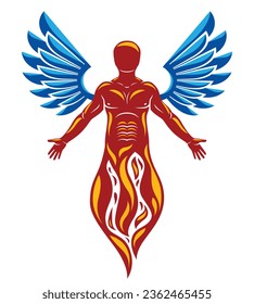 Vector graphic illustration of strong male, body silhouette created with bird wings. Reborn from flame idea.