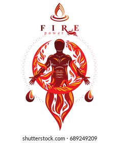 Vector graphic illustration of strong male, body silhouette standing. Fire person as bunch of the powerful energy covered with a fireball.