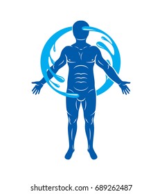 Vector graphic illustration of strong male, body silhouette surrounded by a water ball. Living in harmony with nature. 