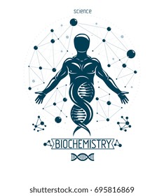 Vector graphic illustration of strong male depicted as DNA symbol continuation and created with wireframe connections. Bioengineering as the direction of genetics.