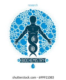 Vector graphic illustration of strong male created as scientific model of human DNA and surrounded by a water ball. Environment conservation and protection.