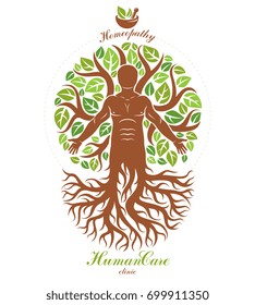 Vector graphic illustration of strong male depicted as continuation of tree and composed with mortar and pestle. Phytotherapy metaphor, healthy lifestyle concept.