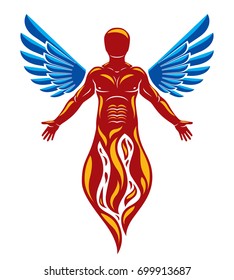 Vector graphic illustration of strong male, body silhouette created with bird wings. Reborn from flame idea.