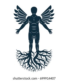 Vector graphic illustration of strong male, body silhouette standing on white background and made using tree roots and bird wings. Tree of life metaphor, family roots.