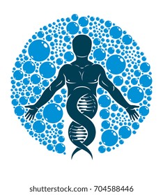 Vector graphic illustration of strong male created as scientific model of human DNA and surrounded by a water ball. Environment conservation and protection.