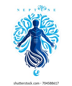 Vector graphic illustration of strong male, body silhouette surrounded by a water ball. Living in harmony with nature. 