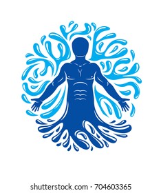 Vector graphic illustration of strong male, body silhouette surrounded by a water ball. Living in harmony with nature. 