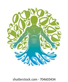 Vector graphic illustration of strong male, body silhouette emerging from water splash and surrounded with green leaves. Eco friendly living, human and nature harmony concept.