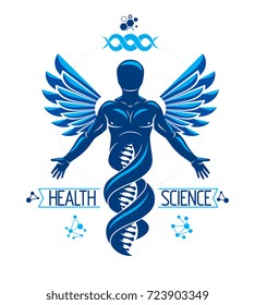 Vector graphic illustration of strong male depicted as DNA symbol continuation and created with wireframe connections and bird wings. Biomedical engineering concept.
