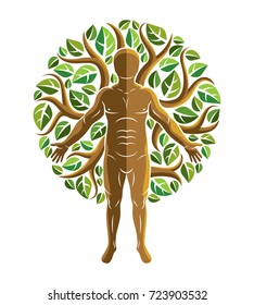 Vector graphic illustration of strong male, body silhouette standing on white background and made using green leaves. Eco friendly living, human and nature harmony concept.