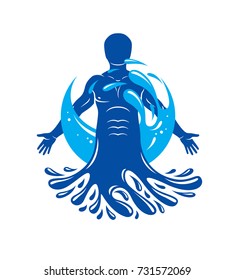 Vector graphic illustration of strong male, body silhouette surrounded by a water ball. Living in harmony with nature. 