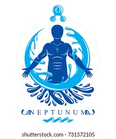 Vector graphic illustration of strong male, body silhouette surrounded by a water ball. Living in harmony with nature. 
