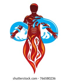 Vector graphic illustration of strong male, fireman composed with eternity symbol made with water splash, environment conservation metaphor.