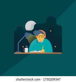 Vector Graphic Illustration of Studying Flat Fat Young Man In Home at Night, Studying Flat Illustration, Flat Big Young Man With Rounded Glasses Illustration