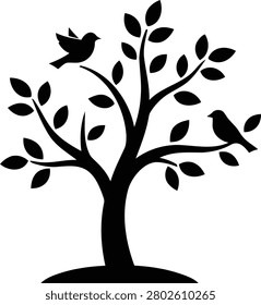 Vector graphic illustration of a stylized black tree with leaves and three birds perched on its branches.